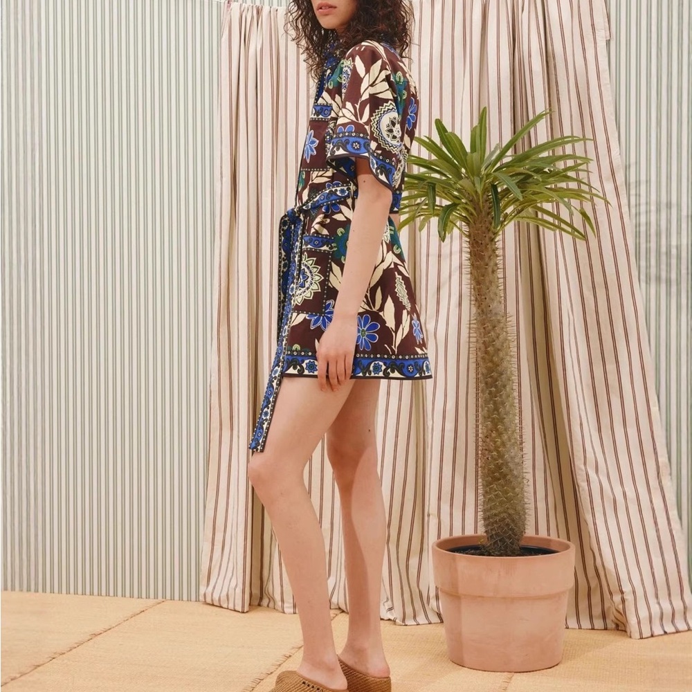 Zimmermann Floral Patchwork Belted Mini Dress - Brown & Blue - Picture 4 of 5